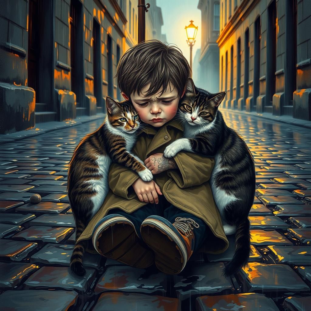 Boy Comforted by Cats in Rainy Street, Oil Painting