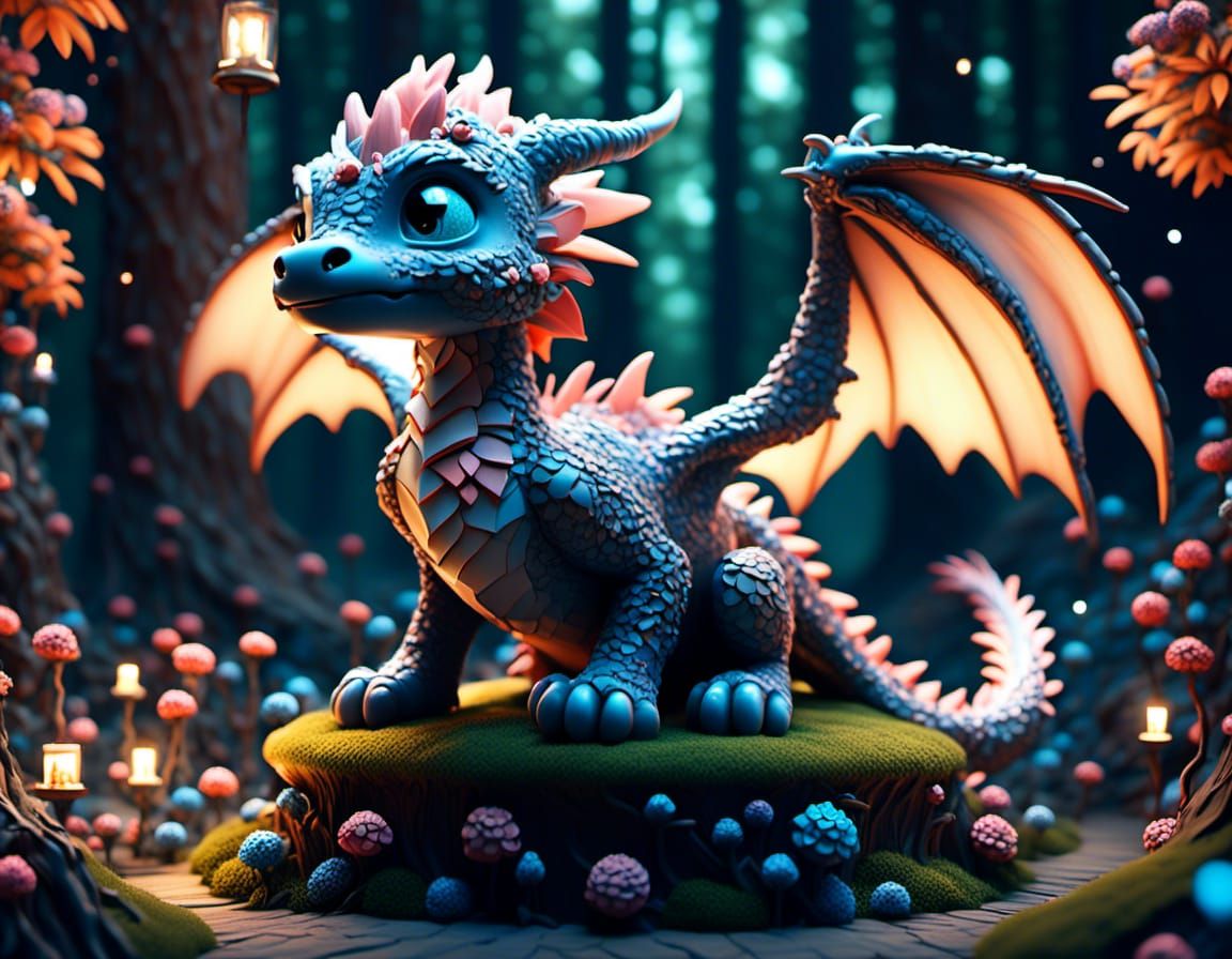 Adorable Chibi Dragon in Enchanted Glitchcore Forest