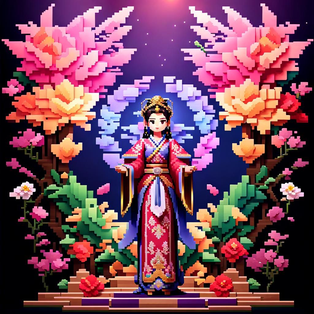 Ancient Oriental Princess in 3D Pixel Art Style