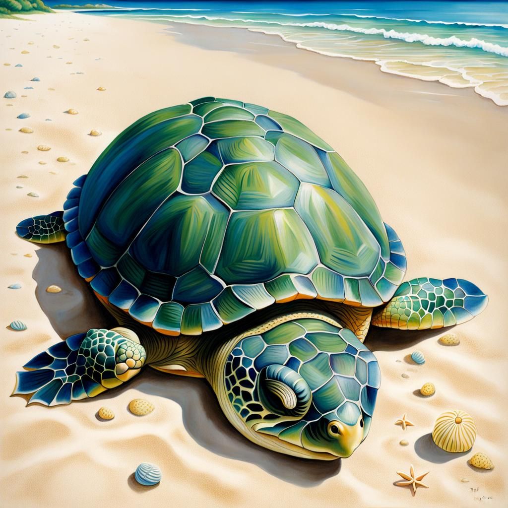 Sleeping Turtle on Beach in Takeuchi Style