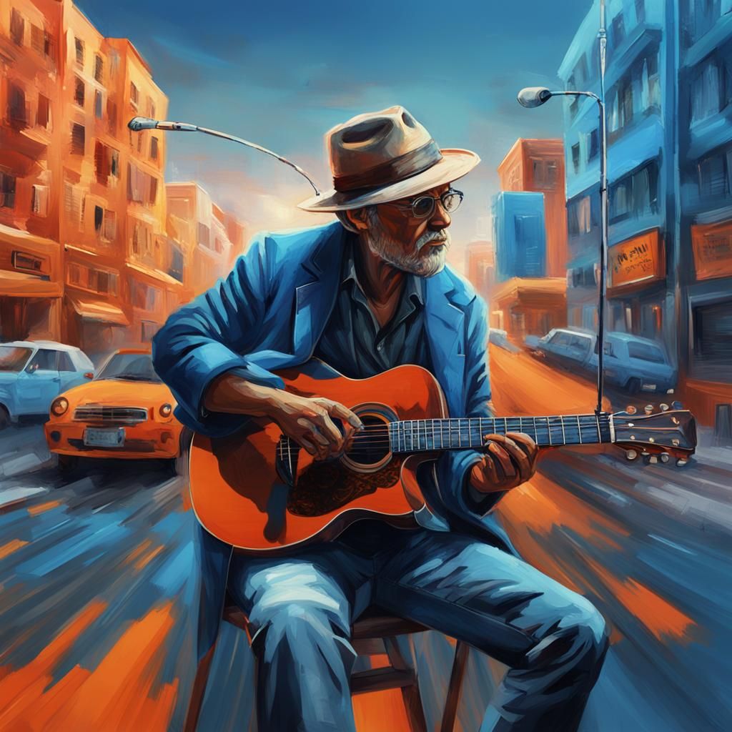 a simple man living in a city and playing the guitar , cinema looking, blue orange , 4k resolution, arri movie camera, c...
