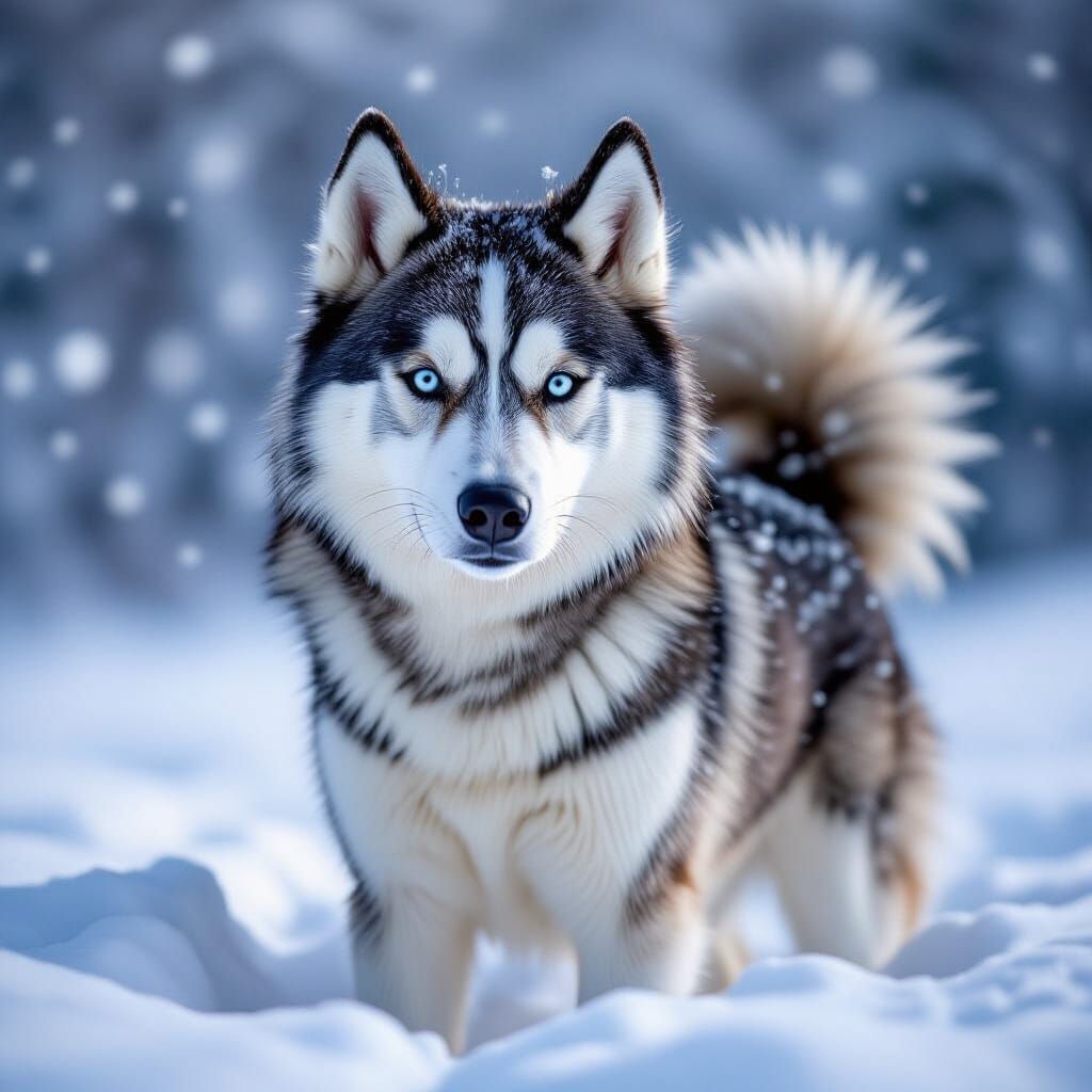 Arctic Husky in Blizzard with Ocean Blue Eyes