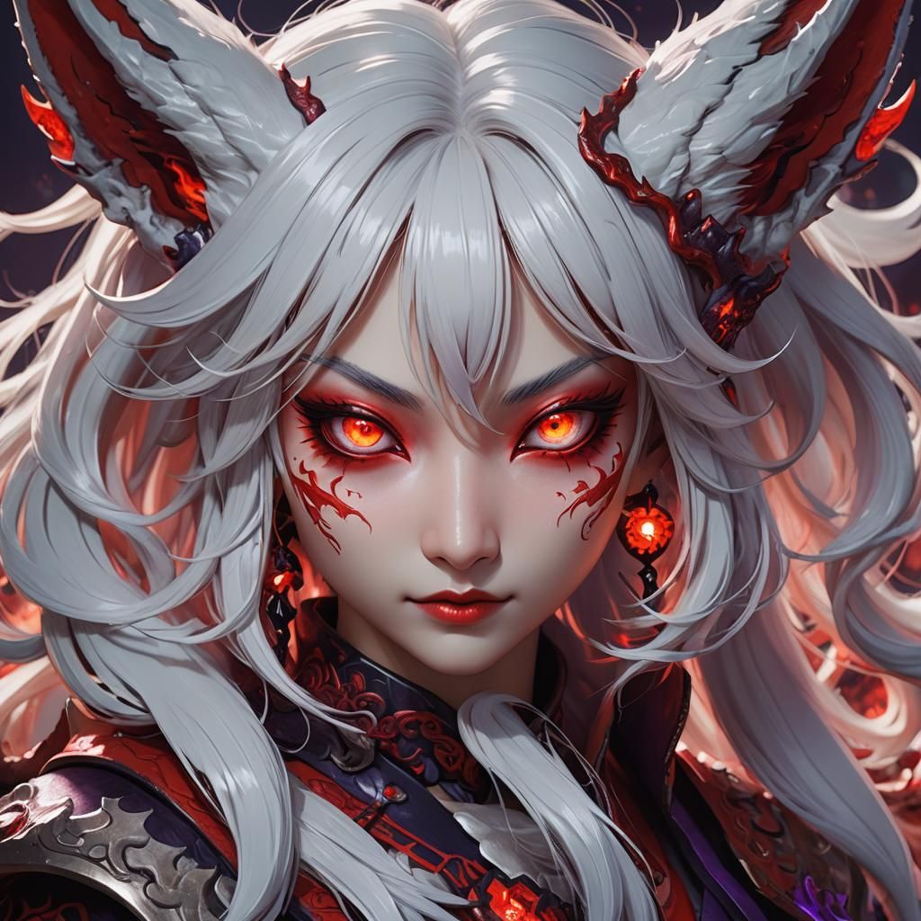 Anime Kitsune Demon Girl Close-Up in Red and Purple