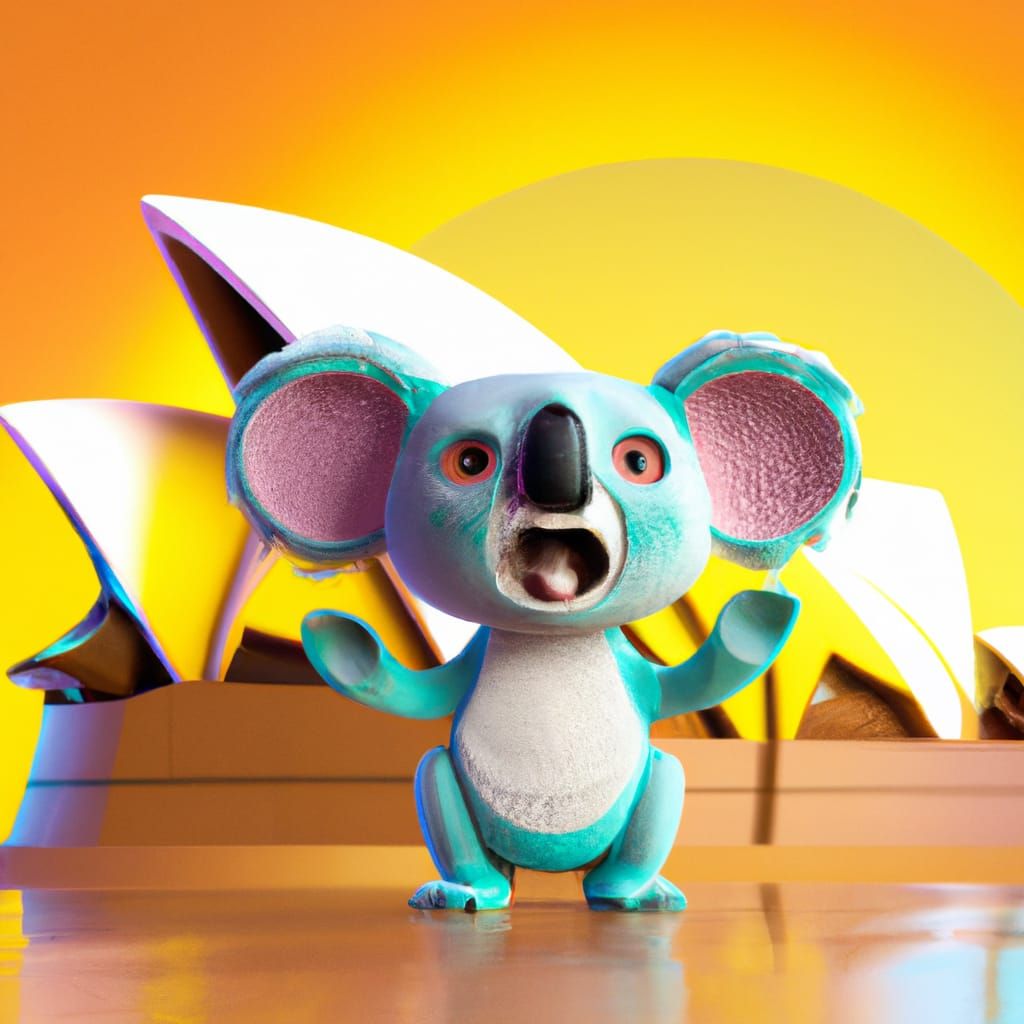 Happy Koala at Sydney Opera in Pixar Style