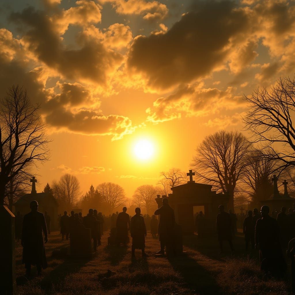 Zombies Rising in Cemetery at Sunrise