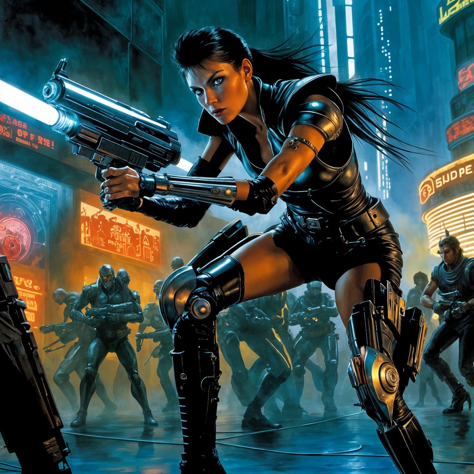 Cyberpunk Cyborg Bounty Hunter in Neon City