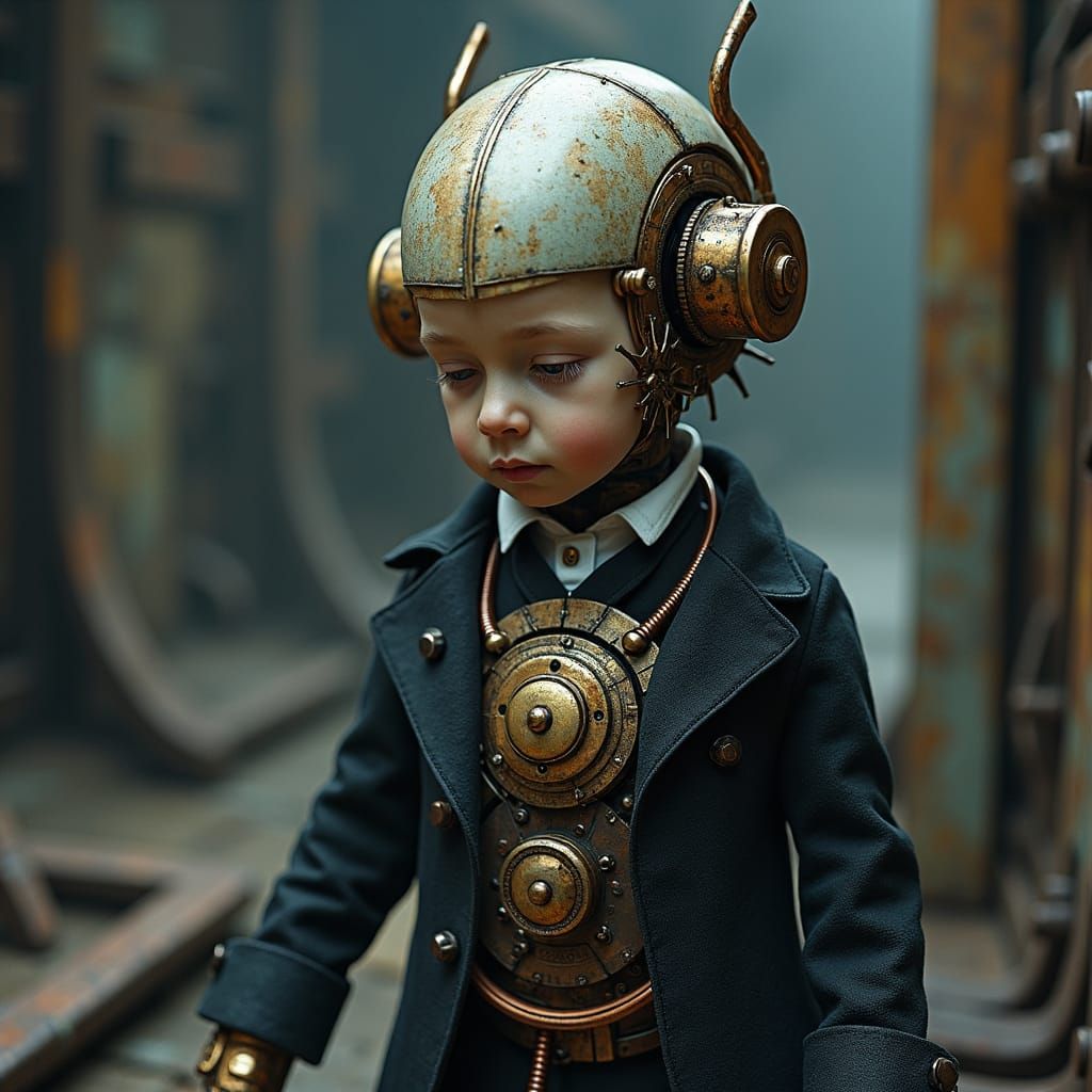Clockwork Child in Biomechanical Landscape, Surreal Art
