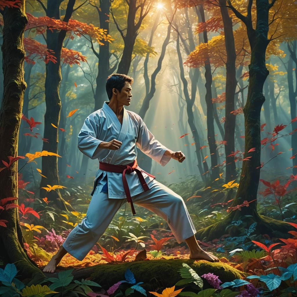 Karate Master in a Sunrise Forest: Fantasy Art