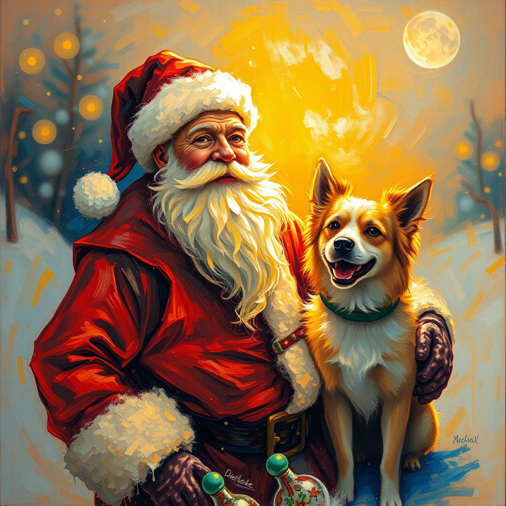 Santa Claus and Dog in Neo-Impressionist Style
