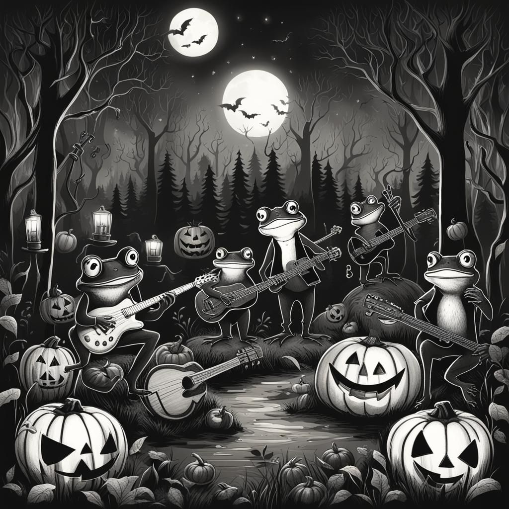 Frog Band in a Spooky Black and White Forest