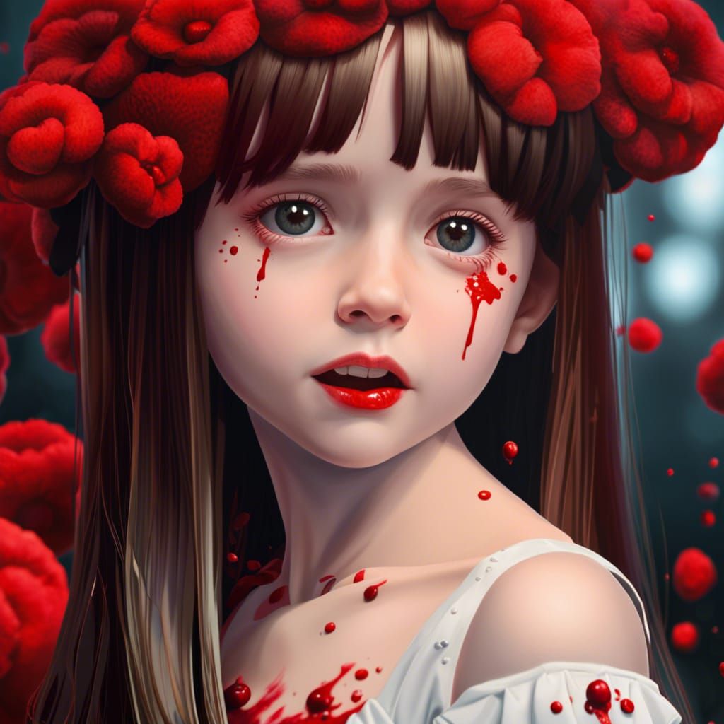 Hyperrealistic Portrait of a Creepy Girl with Bloody Eyes