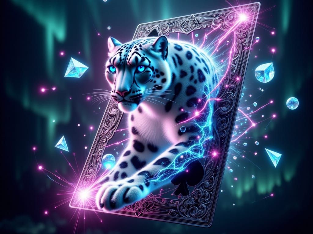 Hyper Realistic Snow Leopard Breaks Through Baroque Card Fra...