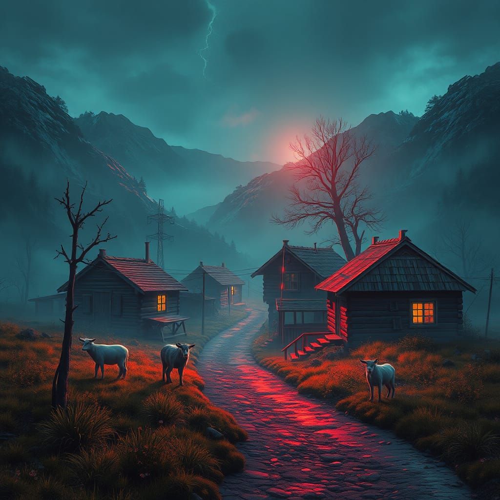 Cyberpunk Village with Animals in Encaustic Style