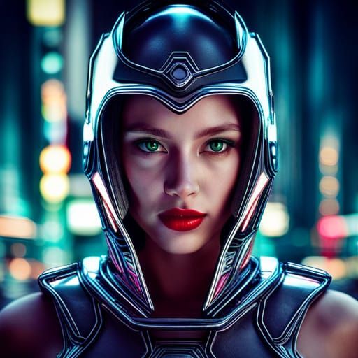 Cyborg Girl Portrait in Neon City at Night