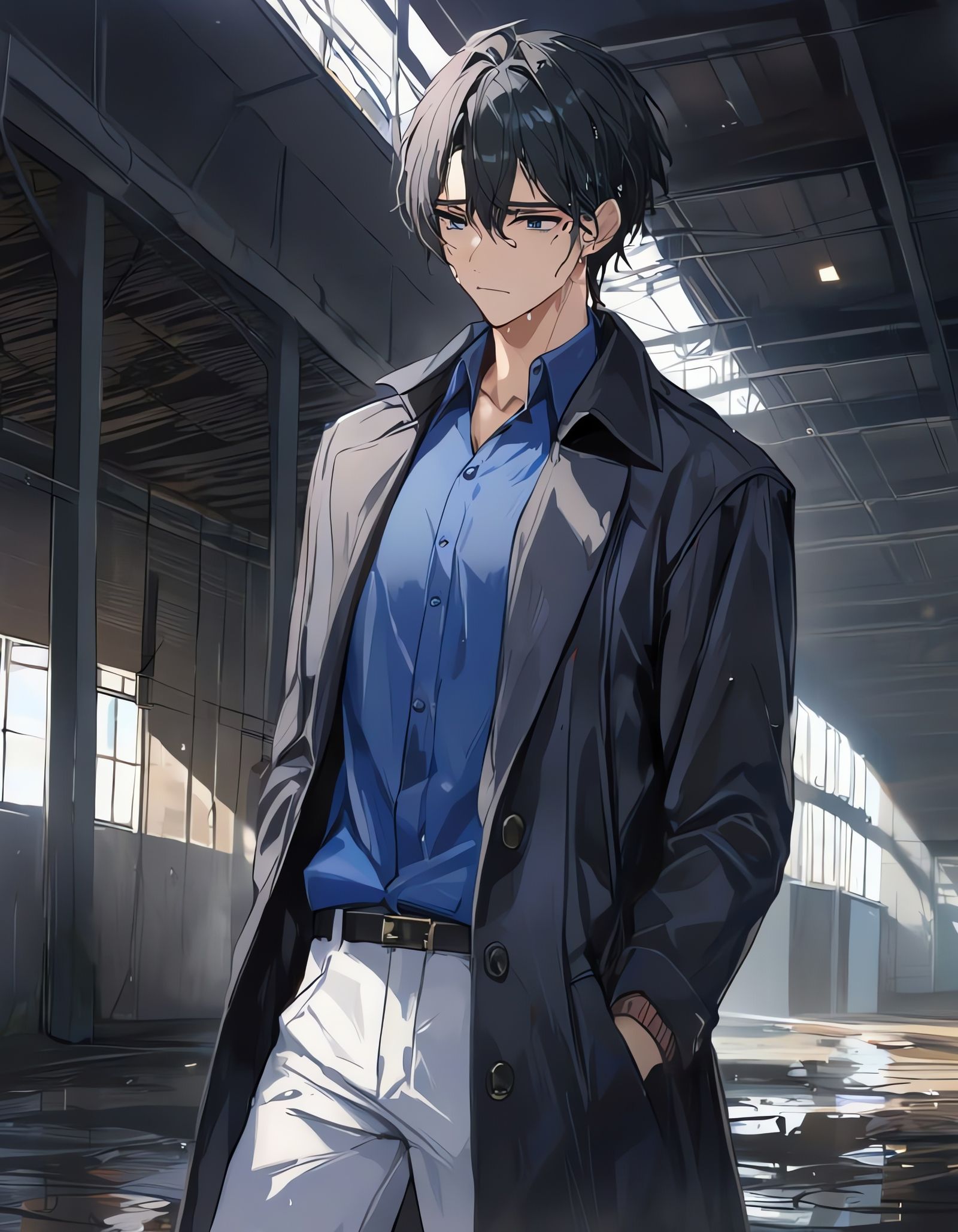 Melancholic Cowboy in a Rainy Warehouse