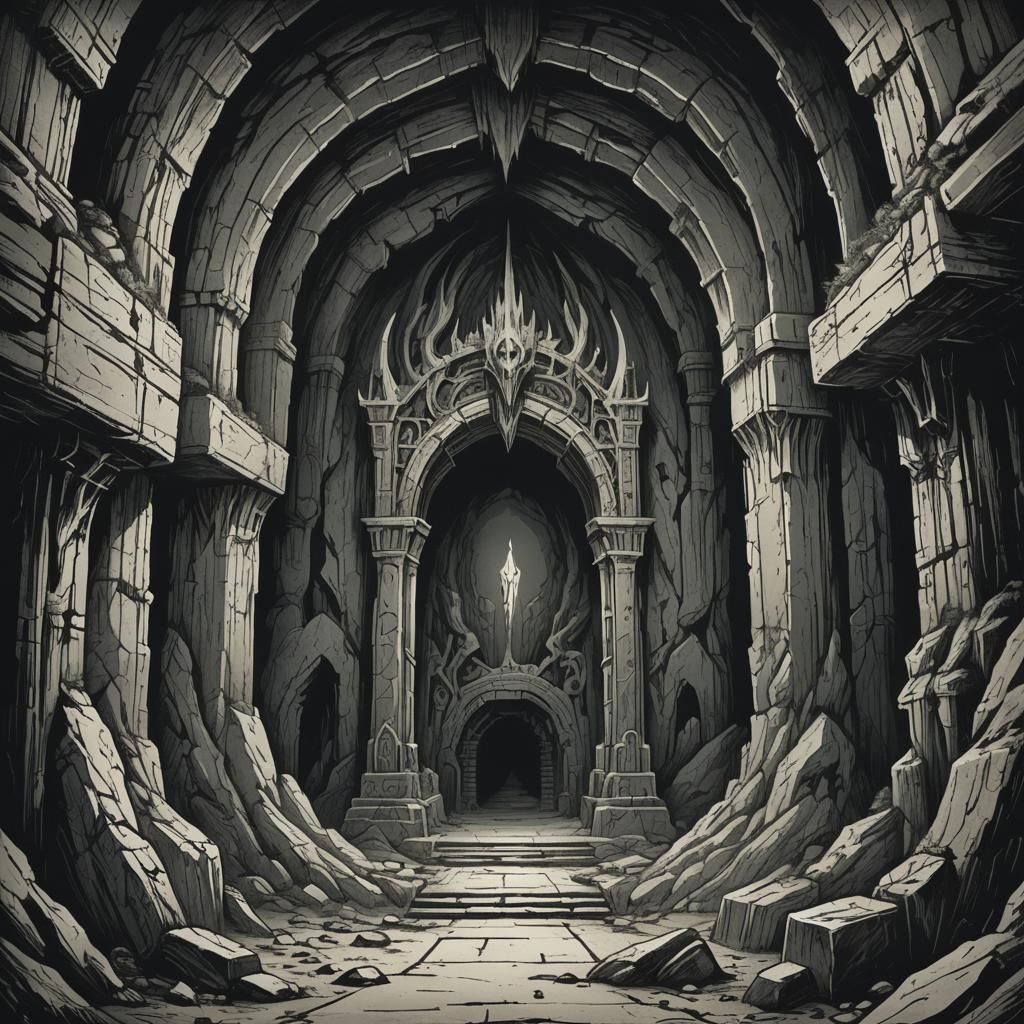 Monochromatic Demon God Shrine in Dark Fantasy Style