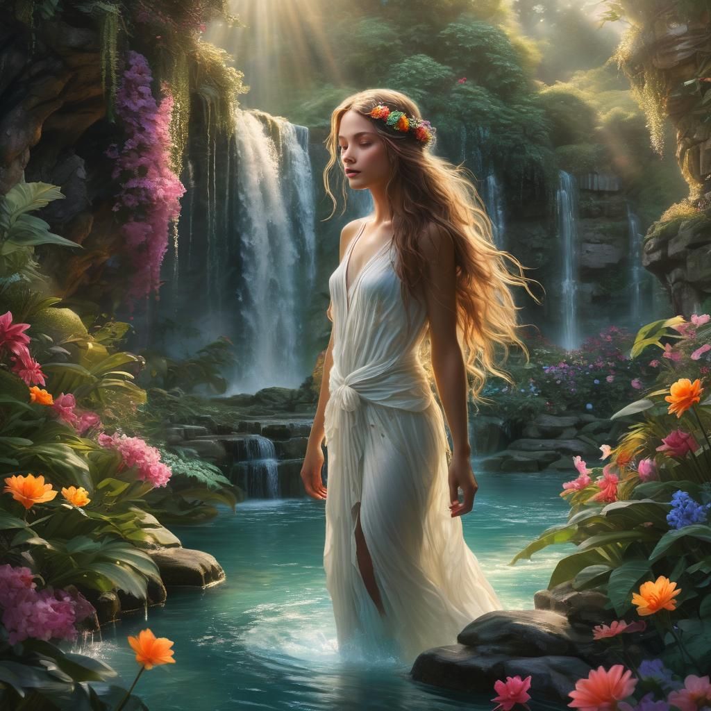 Fairytale Waterfall with Nymph in Pre-Raphaelite Style
