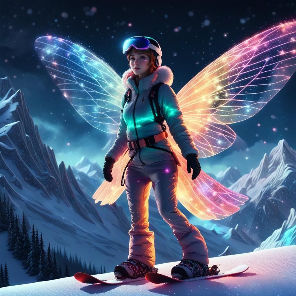 Snowboarding Fairy with Glowing Wings: 3D Anime Art