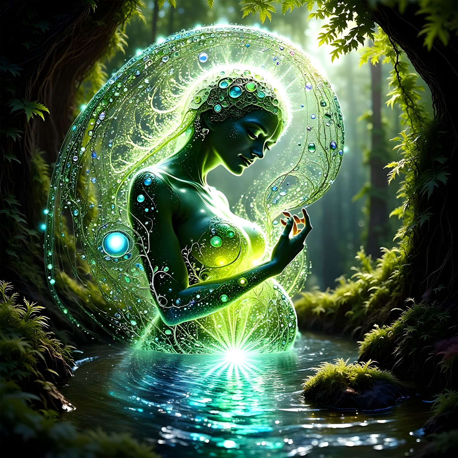 Joyful Pregnant Pixie Woman Washing Toddler in Fractal Water...