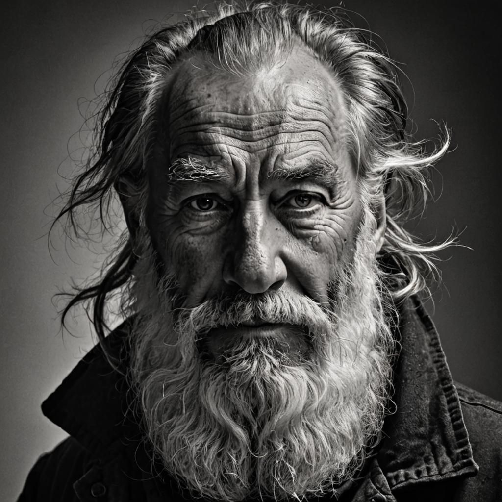 A black and White portrait of an old man with a big white beard