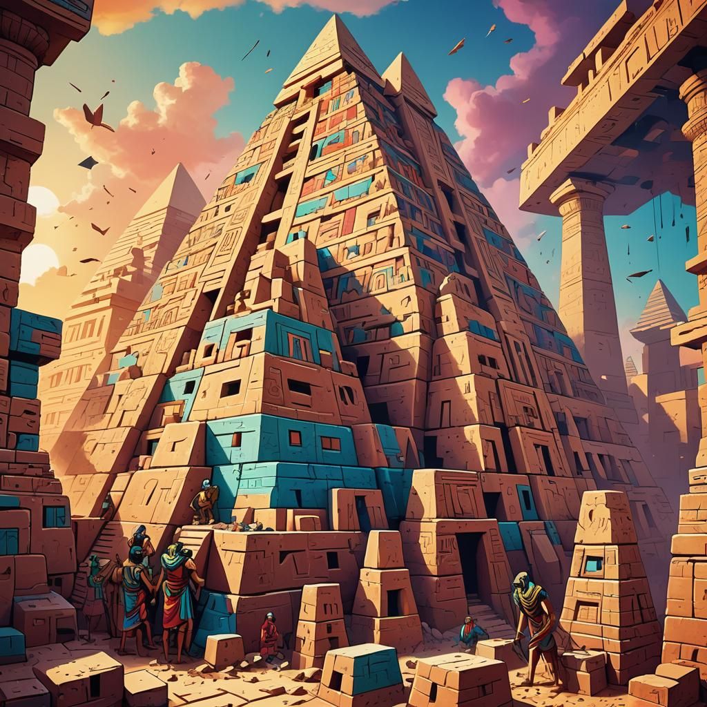 Pyramid Construction: Surreal Art Brut Illustration