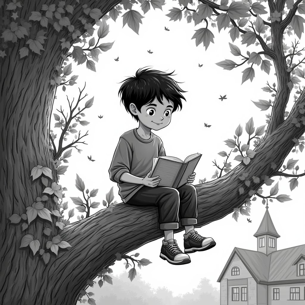 Determined Young Reader in Whimsical School Setting