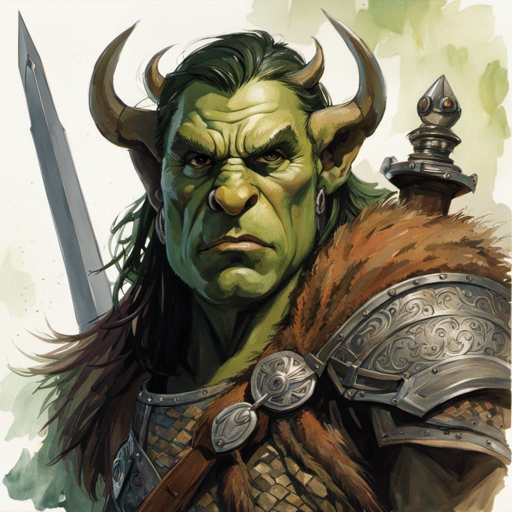 Orc Barbarian Woman in Watercolor Style