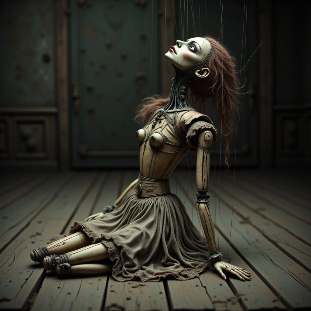 Distressed Marionette in Dark Surrealist Style