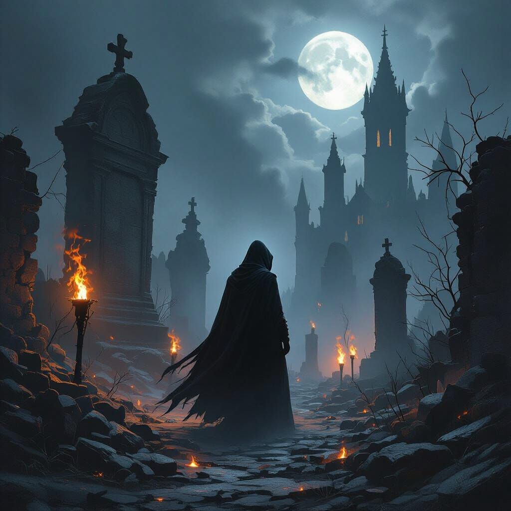 Dark Fantasy Keeper in Misty Graveyard Ruins