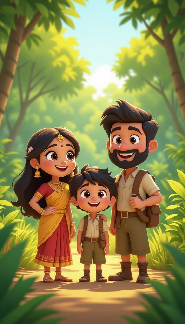 Cartoon Children in Rural Indian Jungle, 3D Render