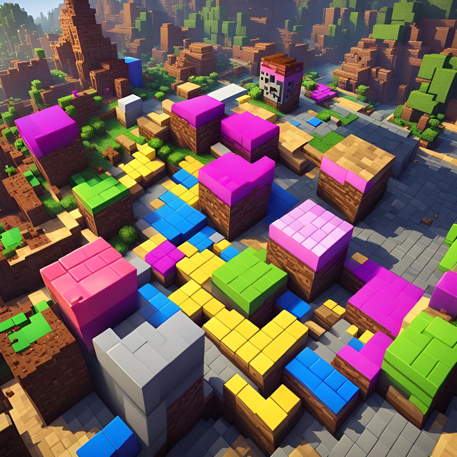 Cyberpunk Minecraft Town in Neon Graffiti Art