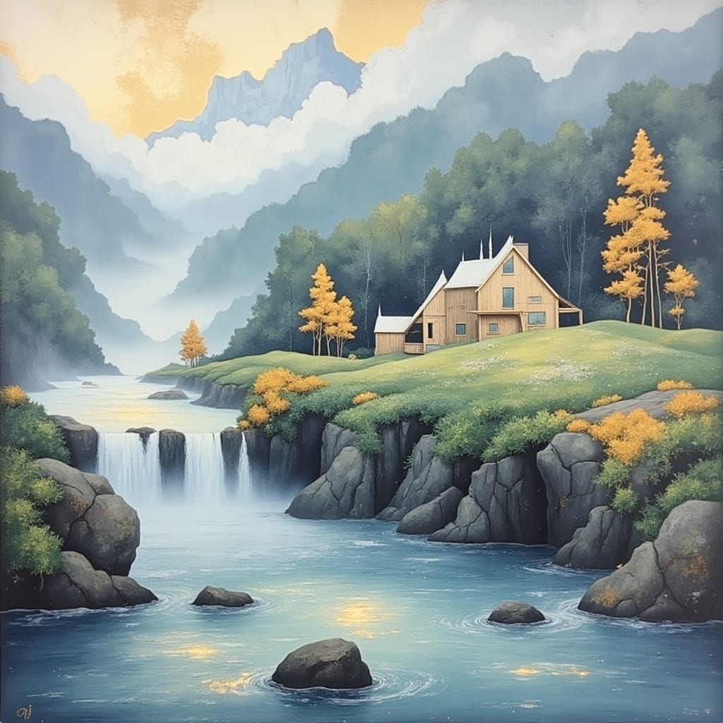 Dreamy Watermill Scene in Whimsical Watercolor Style