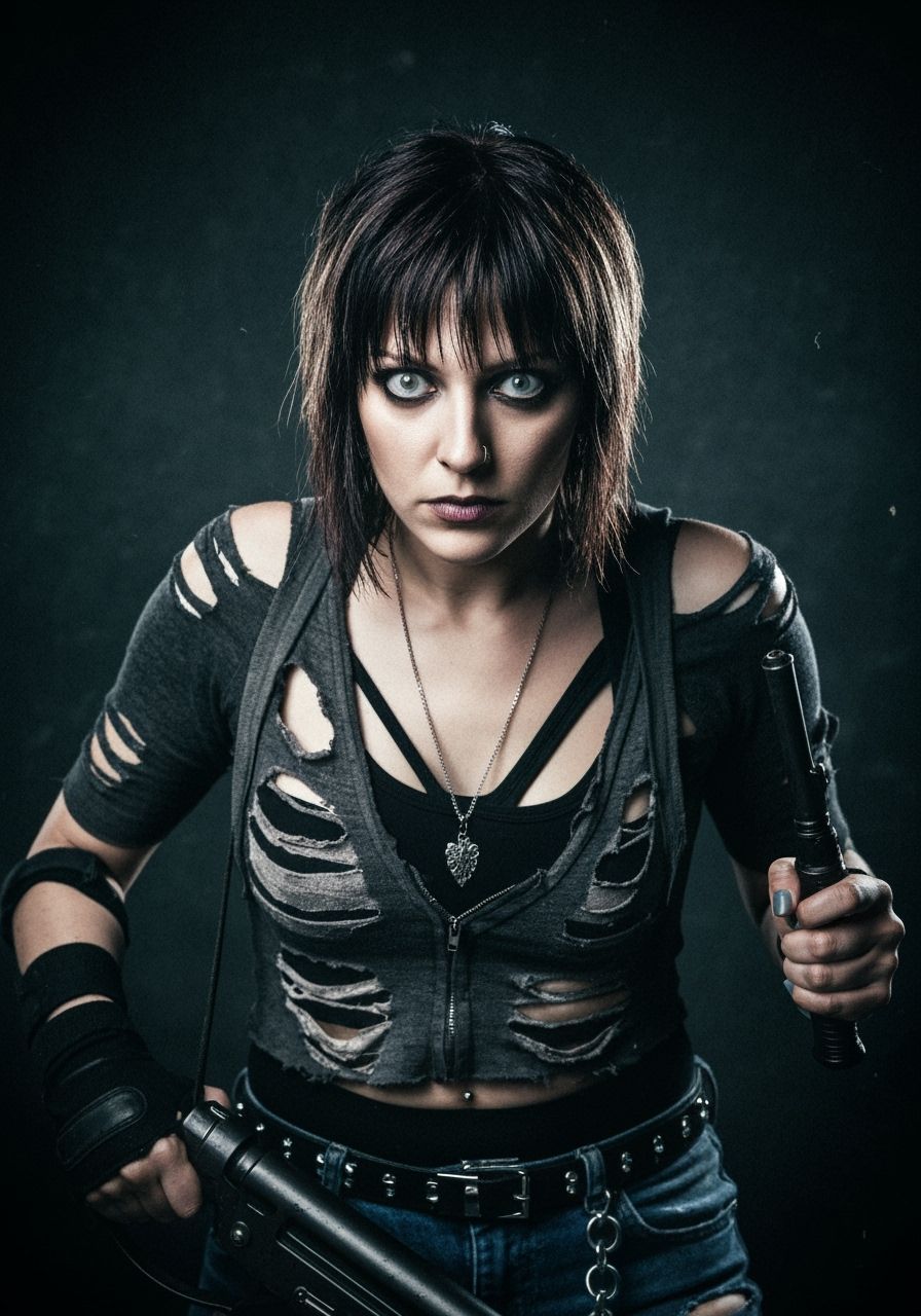 Intense Punk Woman with Weapons in Photorealistic Style