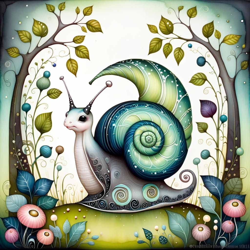 Whimsical Snail in Vibrant Wild Garden Illustration