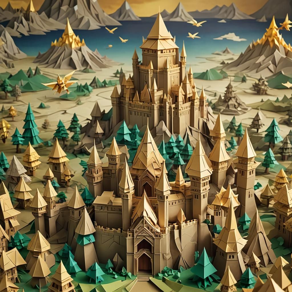 Heroic Link in Origami Papercraft Fantasy Landscape