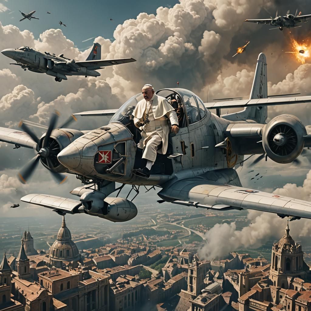 Pope Piloting Military Aircraft in Detailed Digital Painting