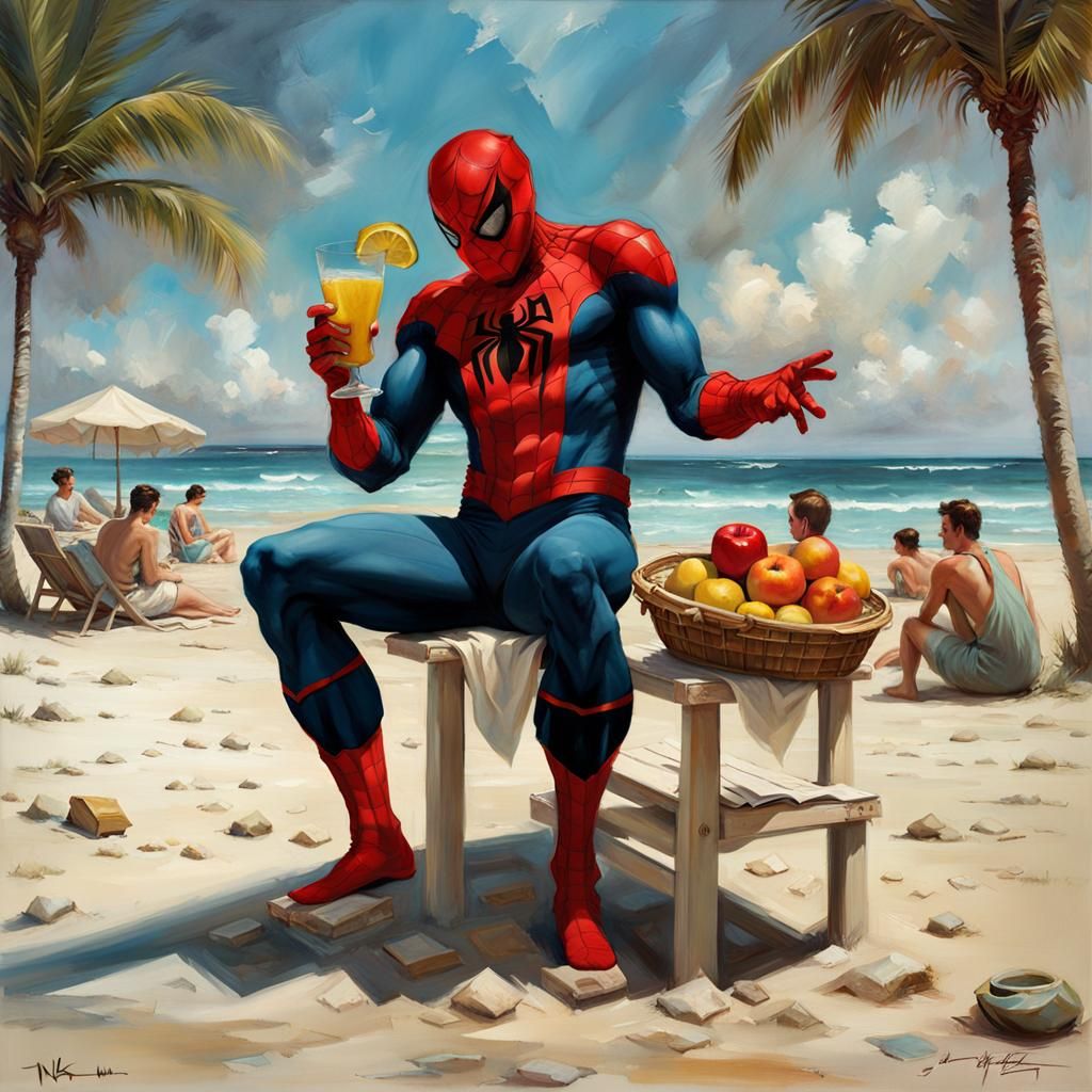 Superhero Spiderman on vacation on a ruined beach, humorous ironic mood, Nick Alm's painting depicting a full length sup...