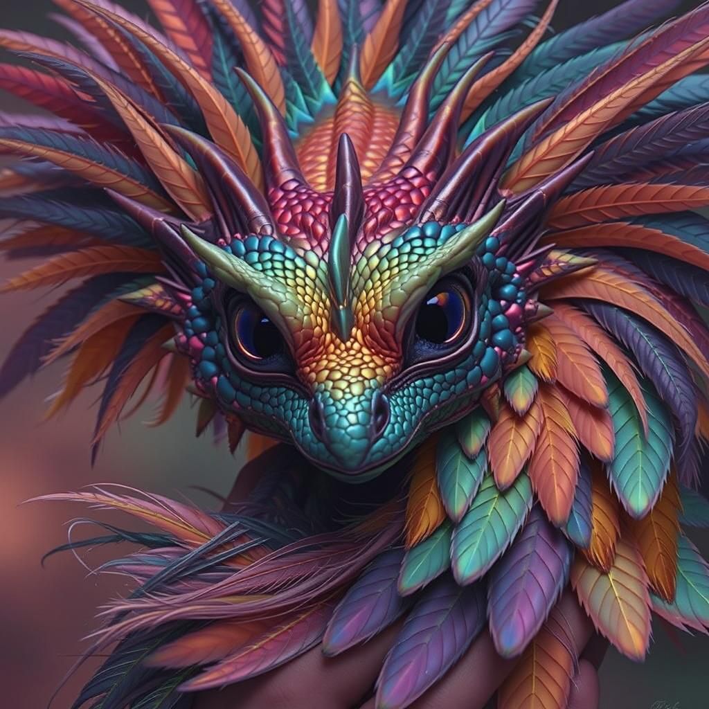 Rainbow Quetzalcoatl Serpent Dragon in Gentle Hand