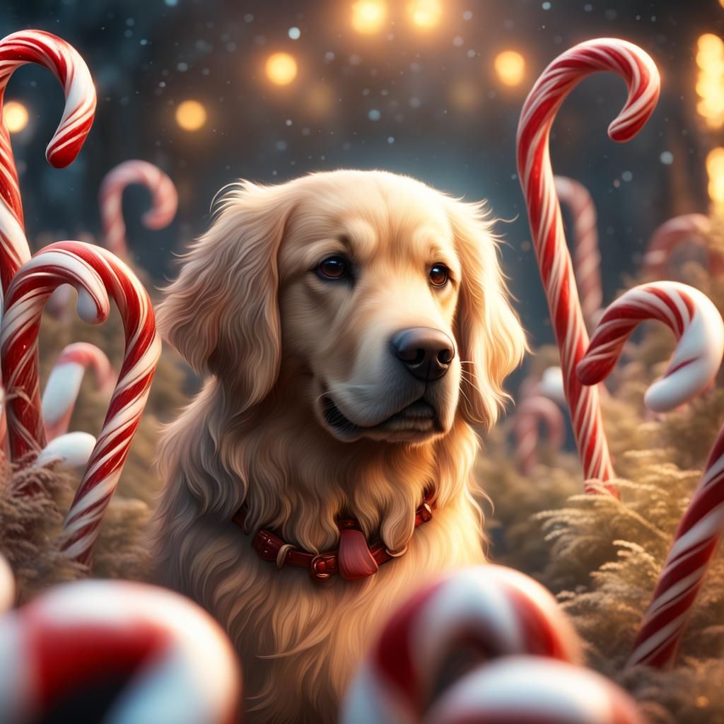 Candy Cane Golden Retriever: Detailed Fantasy Art