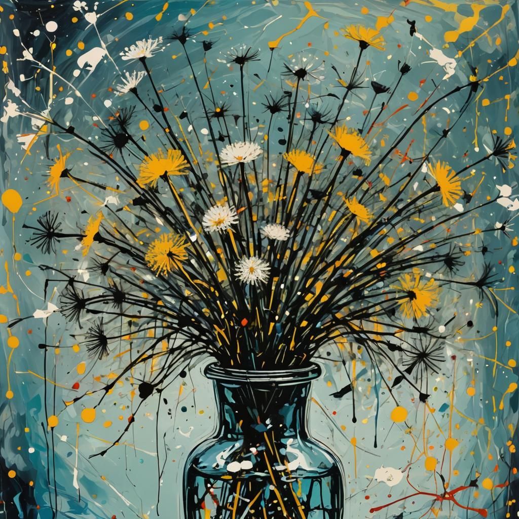 dandelion in a glass vase Jackson Pollock style
