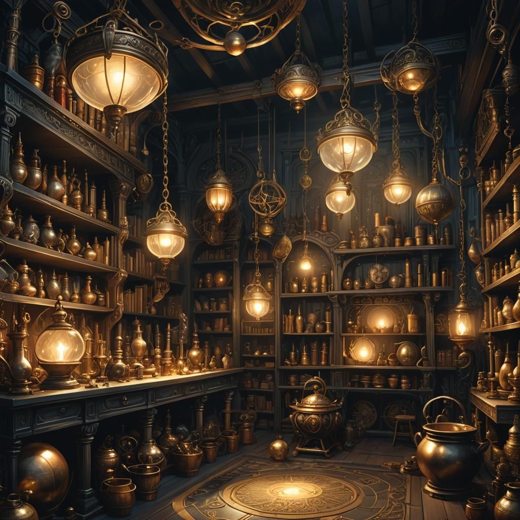 Mysterious Dark Fantasy Workshop in Art Nouveau Style