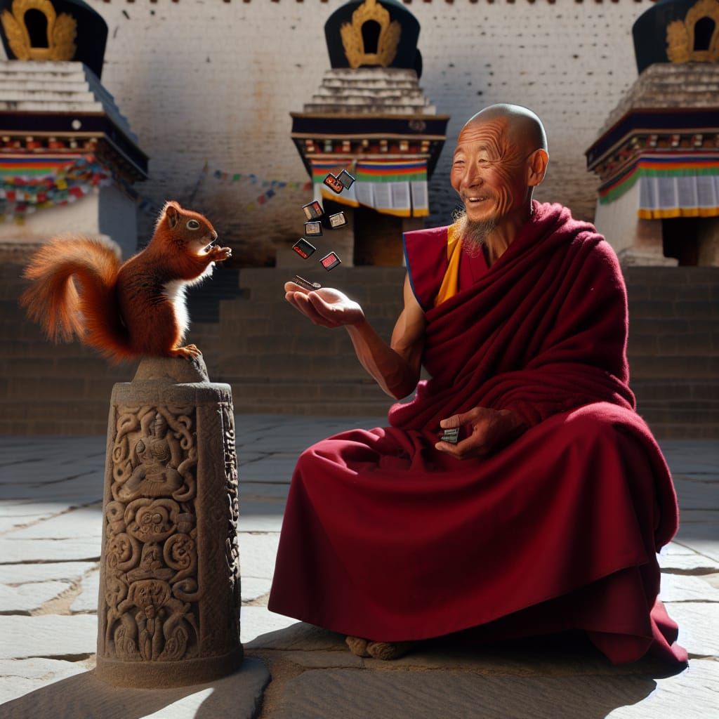 Monk Watching Squirrel Juggle SD Cards