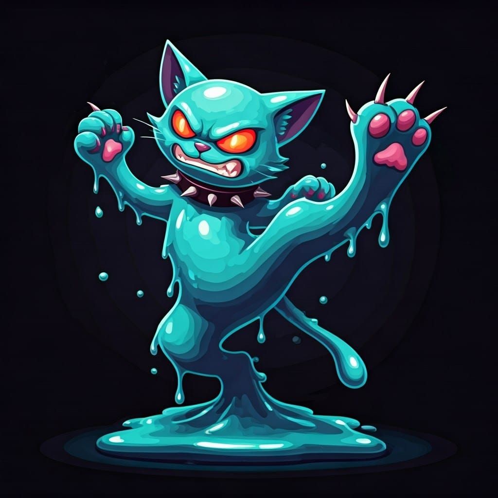 Aggressive Slime Cat Mid-Air Attack in Cartoon Style