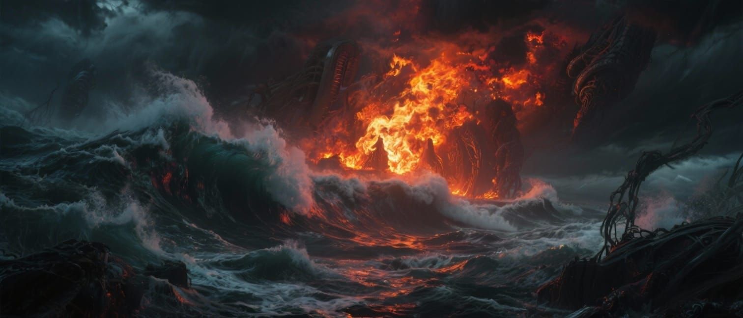 Turbulent Ocean Storm with Blazing Fire