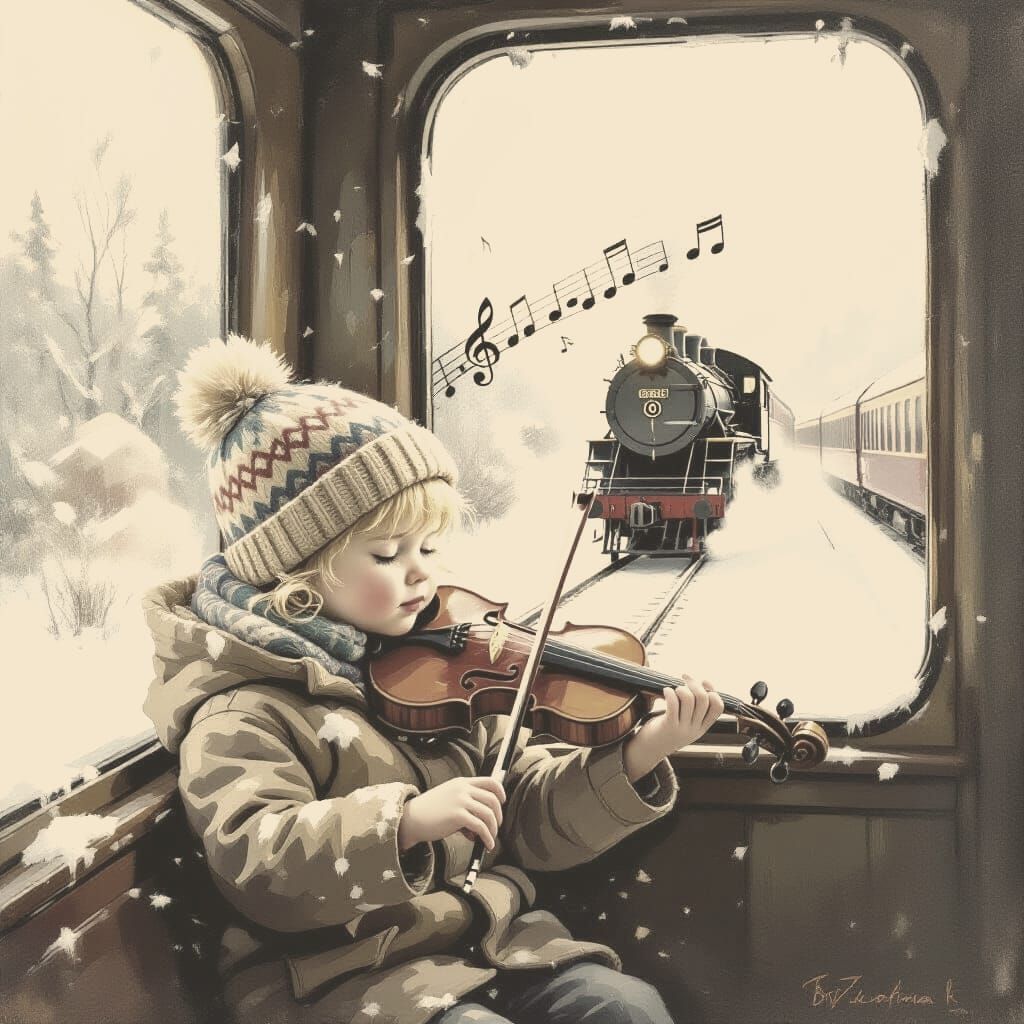 Boy Plays Violin in Snowy Train Window