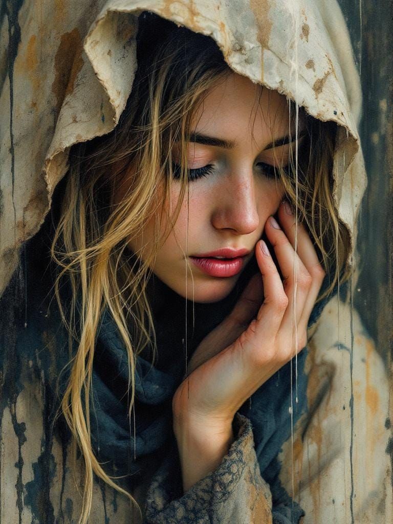 Pilgrim-Muse: A Hyperrealistic Oil Painting of Sorrow