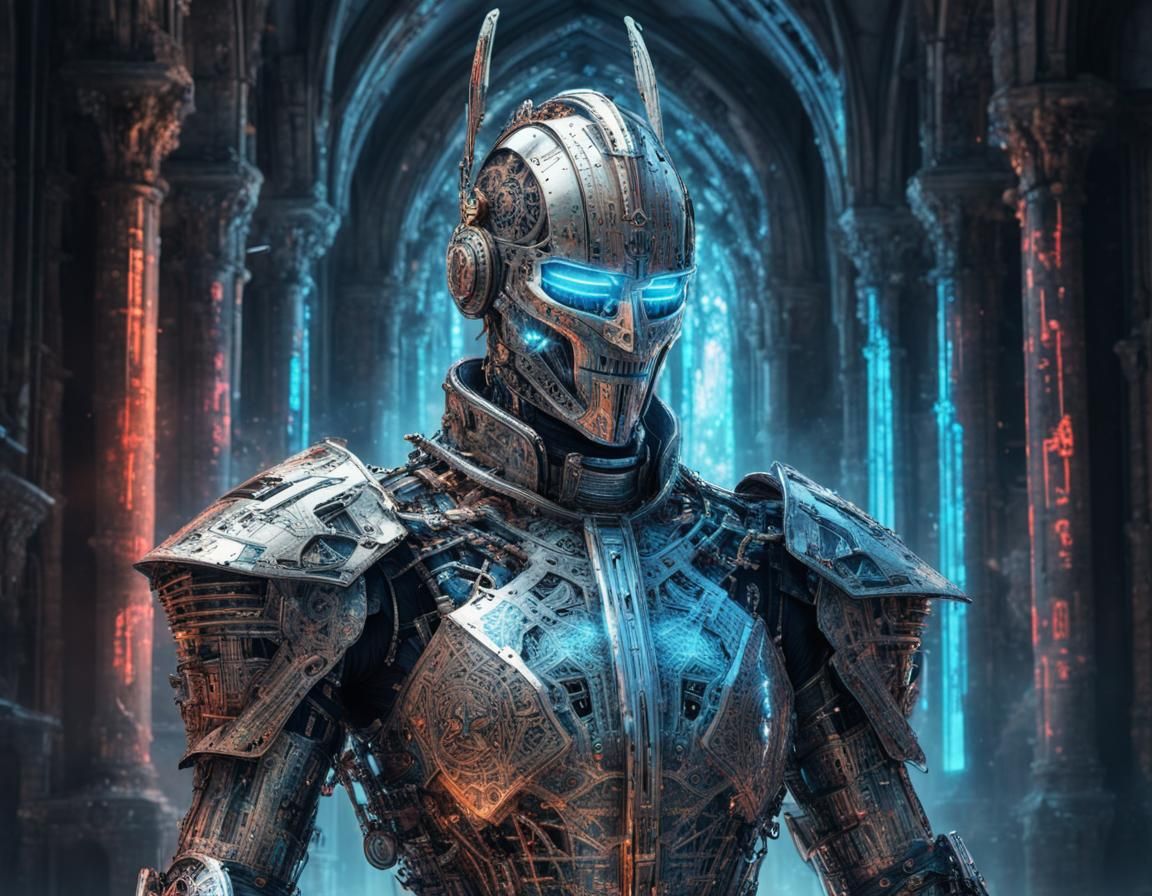Cybernetic Knight: Medieval Cyborg in Cyberpunk Style