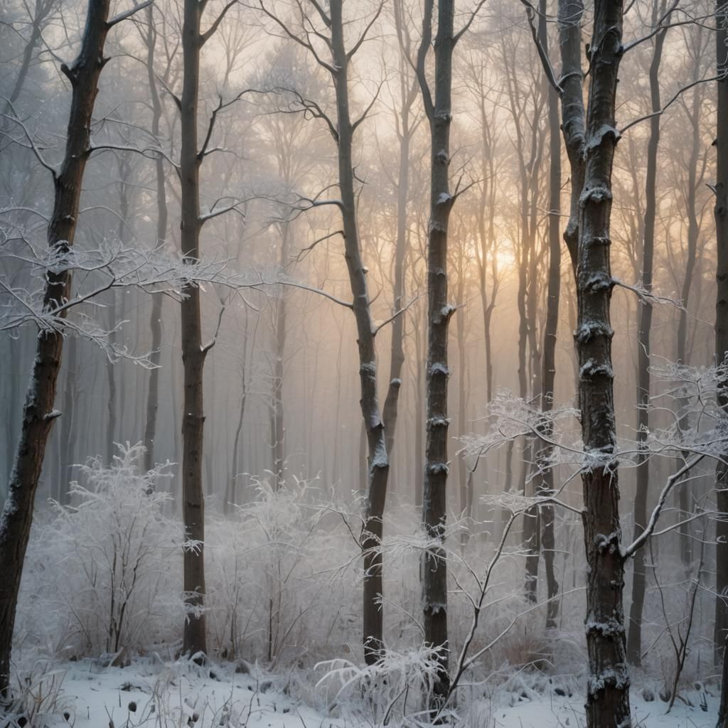 Snowy Forest at Dawn in Impressionistic Style