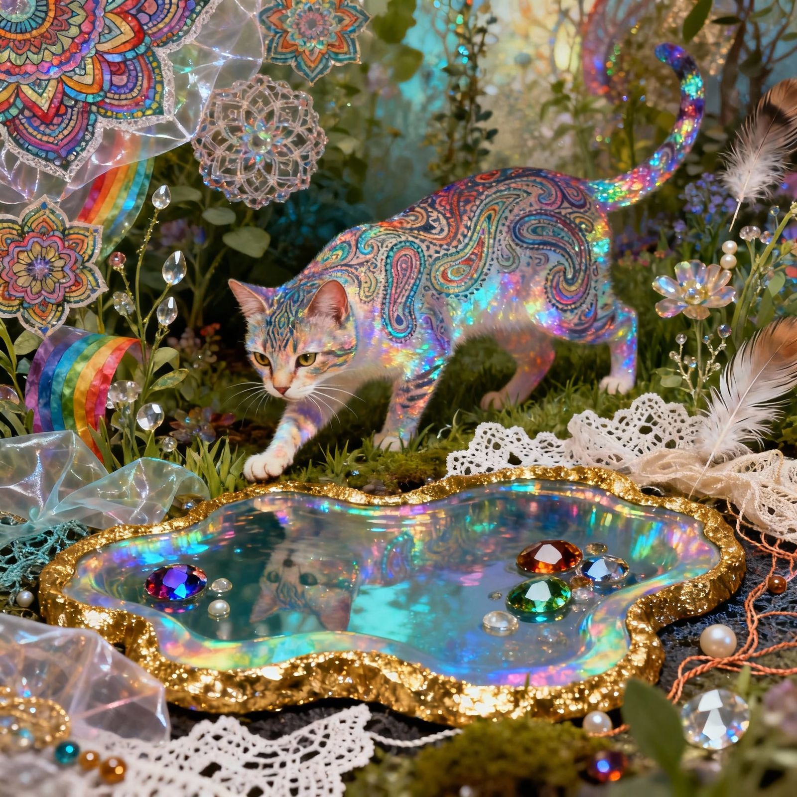 Psychedelic Paisley Cat Explores Magical Garden Pond