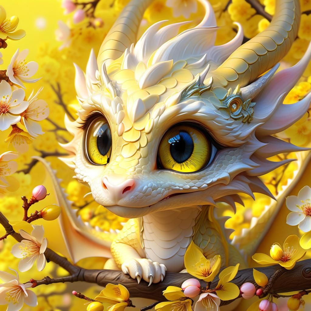 Adorable Yellow Dragon in Fantasy Wonderland, 3D Render